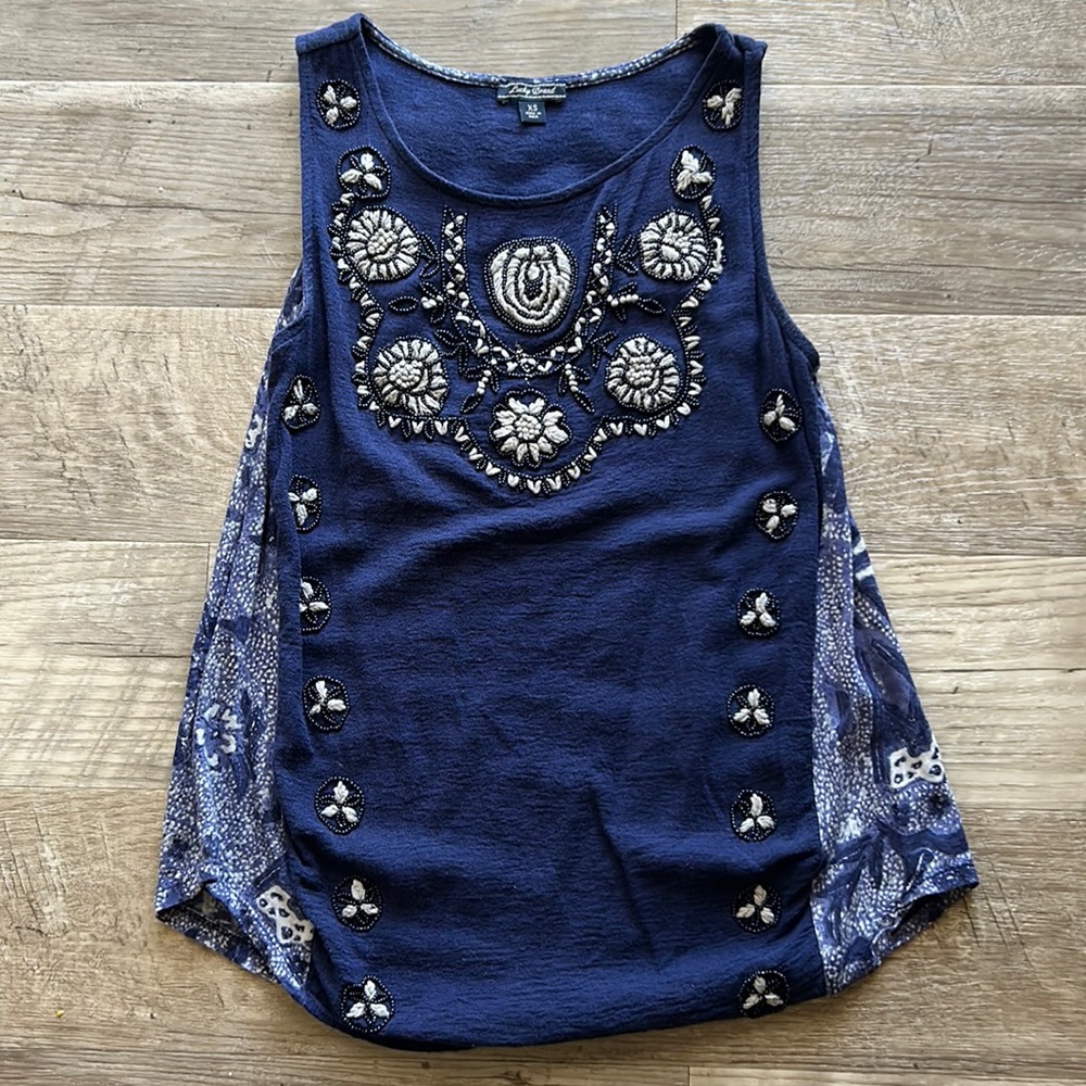Lucky Brand Navy Blue Beaded Paisley Tank XS